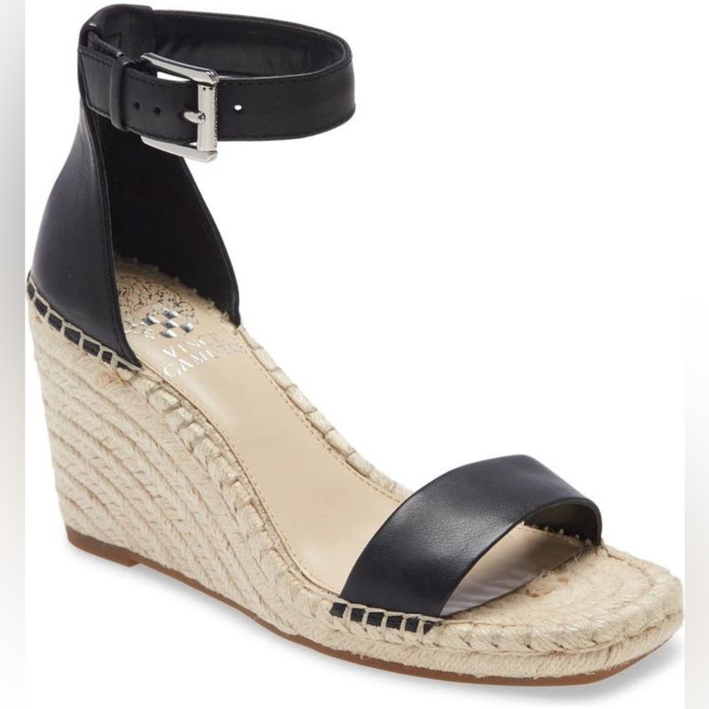 New Vince Camuto Meddrina Black Wedge Espadrille Sandals Sz 12